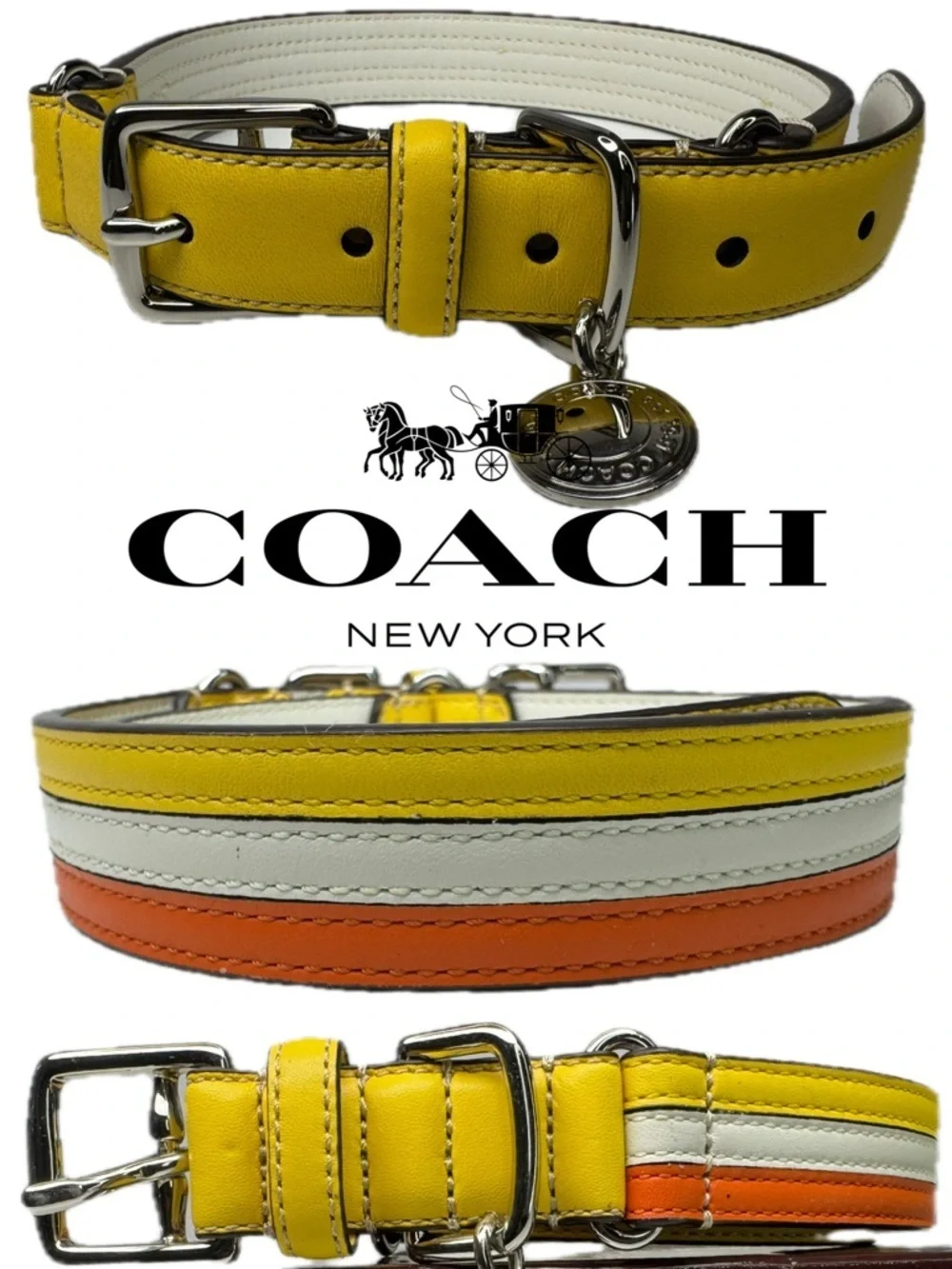 Coach Leather Y2K Striped Yellow White Orange Size Large 17-21” Dog Collar